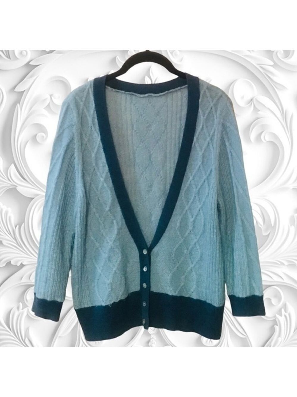 Vintage Mohair/Wool Cardigan With ¾ Length Sleeves In Contrasting Blues